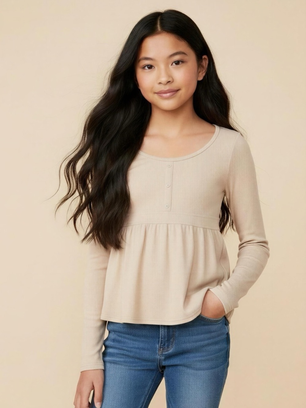 abercrombie kids Long Sleeve Cream Scoop Neck Henley Peplum Top Size 13/14 NWT
